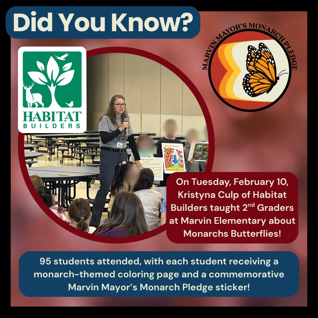 Kristyna Culp of Habitat Builders teaches 95 2nd graders about Monarch butterflies.